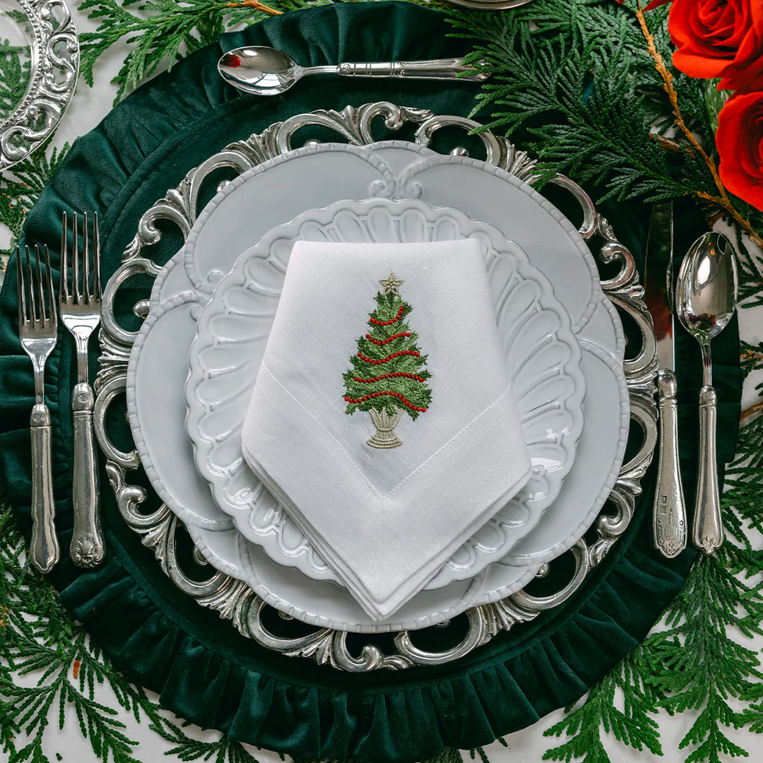 Red Trimmed Tree Embroidered White Linen Napkin