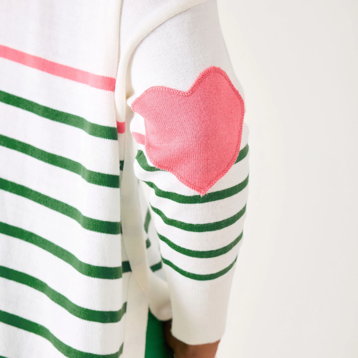 Amour Sweater Pink Heart Patch Kelly Green Stripe O/S