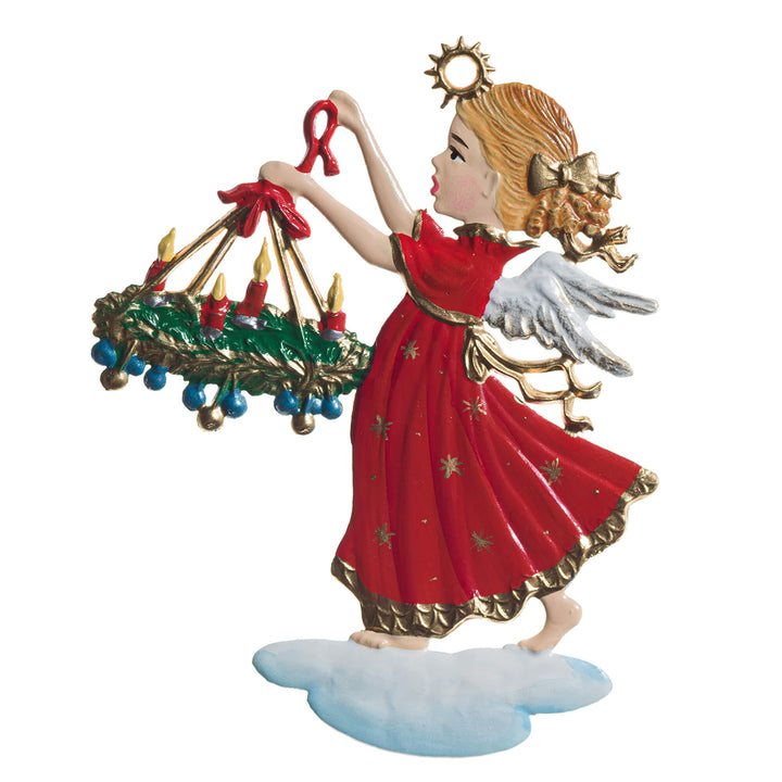 Angel Carrying Christmas Wreath Pewter Ornament