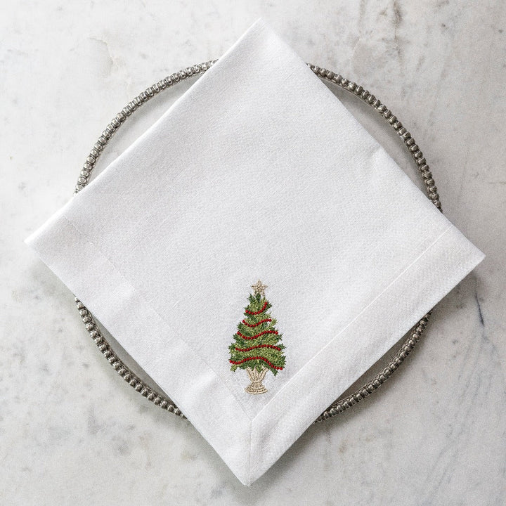 Red Trimmed Tree Embroidered White Linen Napkin